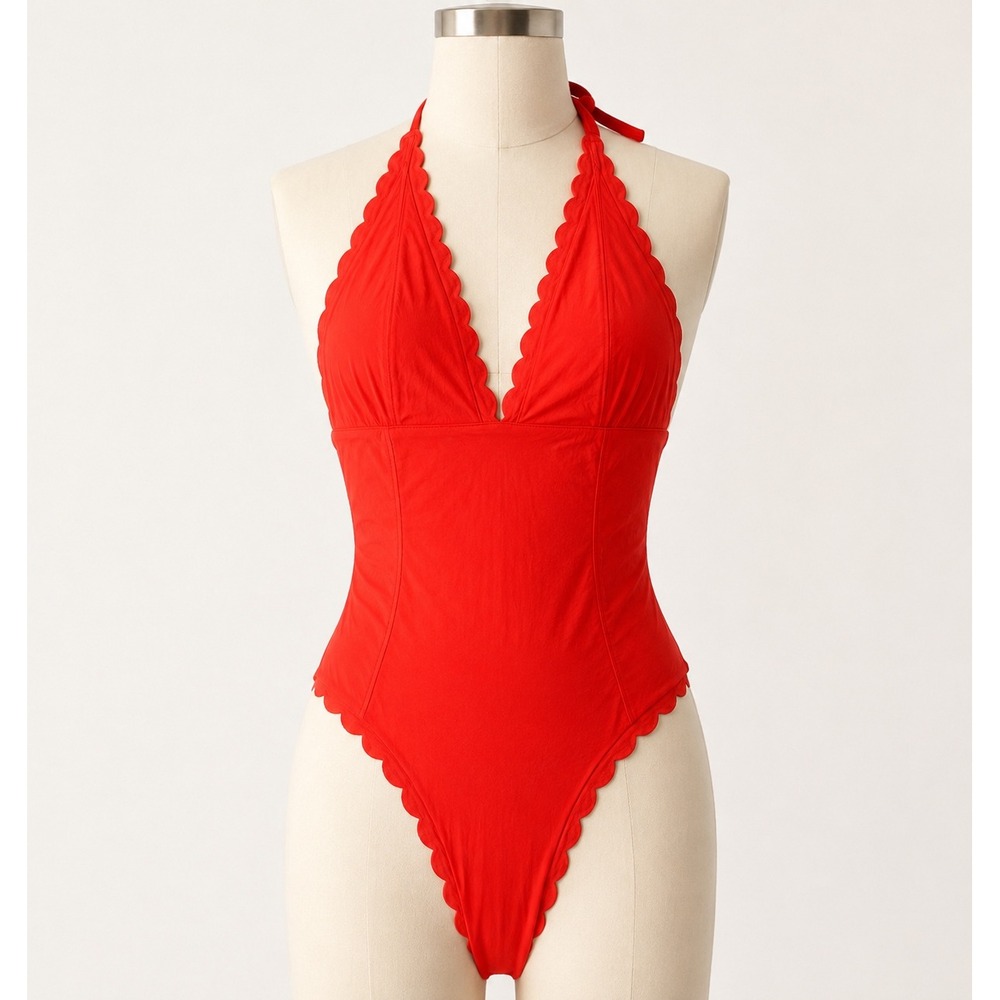 Chic Scalloped Halter Neck One Piece Swimsuit‎ V-Neck Beach Swimwear Sz 8